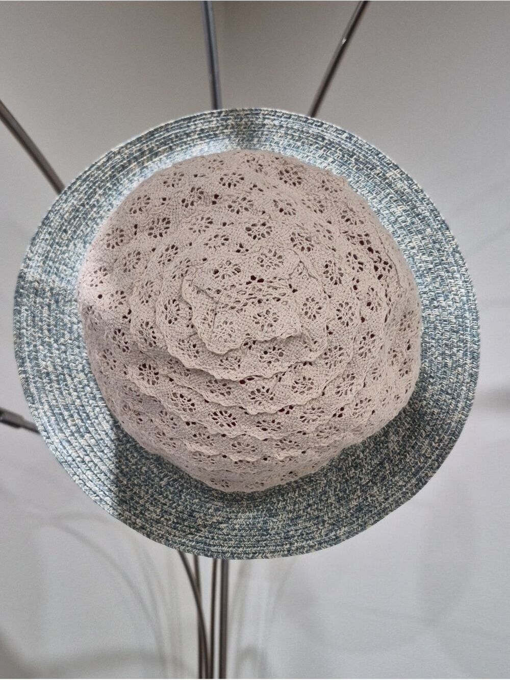 Galliano Sorbatti Italy Crochet & Paper Straw Bucket Sun Hat - Blue/Cream